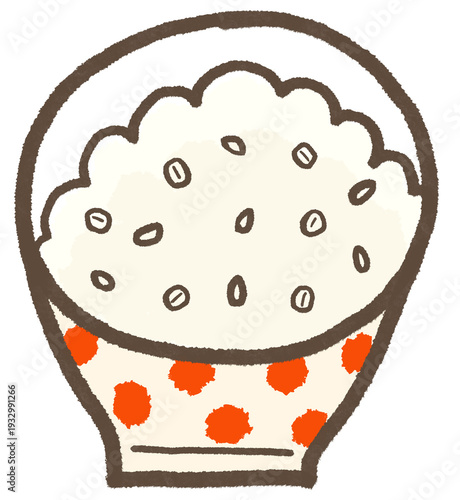 お茶碗に入った手描き風のもち麦ごはん、シンプルにかわいくデフォルメしたイラスト　Hand-drawn Japanese barley rice in a bowl.