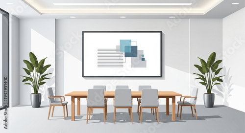 Modern conference room with large screen and presentation displayed.