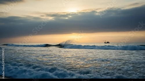 Serene Ocean Sunset with Distant Boat and Rolling Waves.