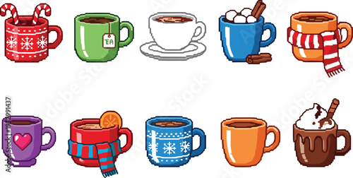 Pixel art winter hot drinks icon set featuring cozy cocoa mugs with marshmallows, tea with orange slices, coffee with whipped cream, holiday mugs with scarves, and candy cane hot chocolate.