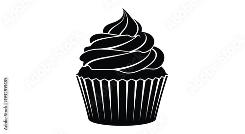 A striking black silhouette depicts a beautifully frosted cupcake with a detailed paper liner silhouette high quality professional modern