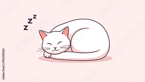 Peaceful white cat sleeping soundly curled in a ball with cute Zzz symbols on a soft pink background in a flat vector style.