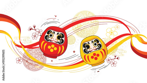 Two traditional Japanese Daruma dolls in red and yellow floating amidst flowing ribbons and cherry blossom motifs in a vibrant design.
