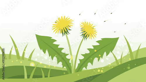 Two bright yellow dandelions blooming in a lush green meadow with seeds blowing in the wind under a soft hazy sky.