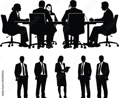 Silhouettes of business professionals in formal attire attend a serious boardroom meeting around a dark rectangular table.
