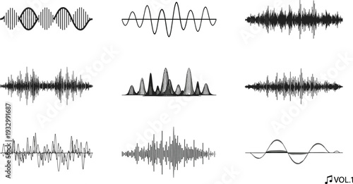 Set of audio waveform and sound frequency vector icons including digital signals, music pulses, radio waves, and equalizer levels for podcasting and studio production.