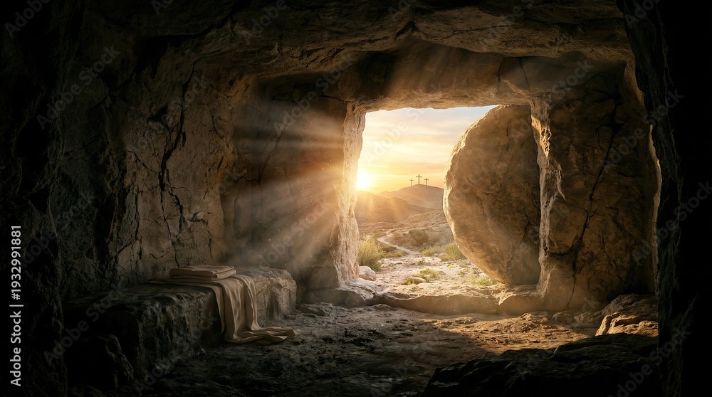 Obraz premium Empty tomb of jesus with sunrise light and stone rolled away