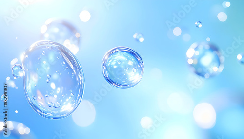 Abstract image of water molecules. Bubbles and spheres of light blue, representing molecules and atoms, with connecting lines, against a light blue backdrop. Delicate, scientific visual