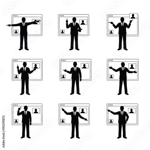 Businessmen in suits presenting online via video conference screens