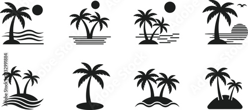 Tropical island and palm tree silhouette icon set featuring exotic beach landscapes, summer sun, ocean waves, and coconut trees for travel logo and vacation design.