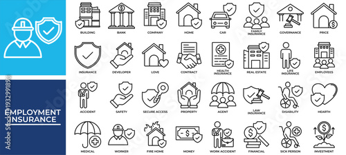 Employment Insurance icon set collection. Containing partnership, law, disability, property, contract, cooperation, insurance .Line vector icons collection