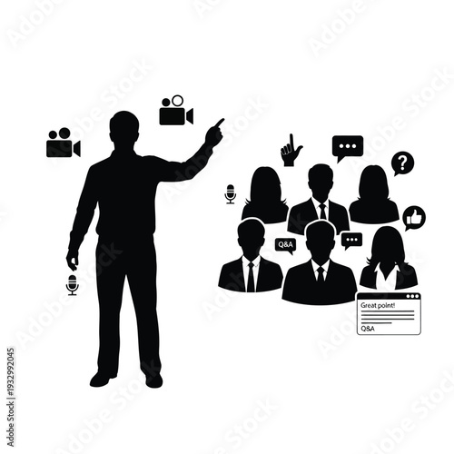 Business meeting presentation with audience participation and online communication