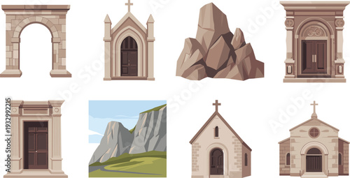 Architectural elements set with stone arches church facades classic doors rocky cliffs and mountain landscape illustration collection