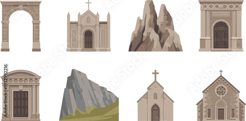 Architectural elements collection with stone arch church facades ornate doors rocky mountains and historic building illustrations set