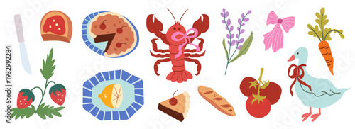 Doodle summer vacation illustration set.Holiday travel flat elements. Hand drawn flowers, tomato, lemon, lobster, seafood, fruits, ribbon, pie. Coastal collection for card, prints, poster, banner.