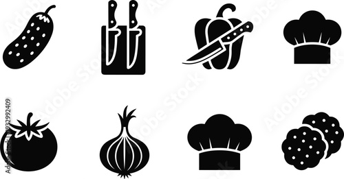 Black and white cooking icons set with vegetables knives chef hat and kitchen food preparation symbols