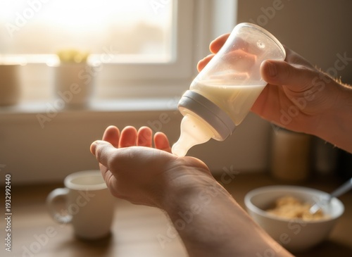 Adult Hand Carefully Testing Warm Milk Temperature From Baby Bottle At Kitchen Counter With Soft Morning Sunlight Through Window