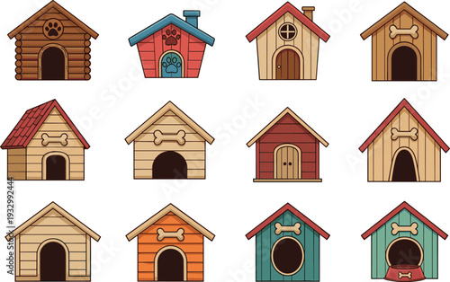 Wooden dog house and pet kennel vector icon set featuring various architectural styles, colors, paw prints, bones, and pet bowls for animal shelter and pet care design.