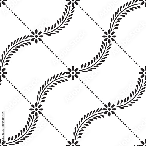 Seamless black and white vector pattern featuring vintage floral ornaments and stars in an ornate silhouette style for textile wallpaper design