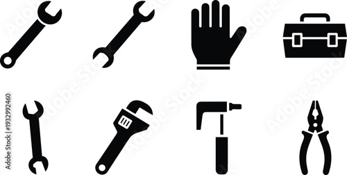 Black and white hand tools icon set with wrenches glove toolbox pliers clamp and adjustable spanner