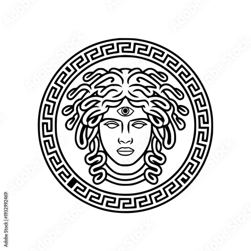 Medusa head in ancient Greek style with snakes and decorative border