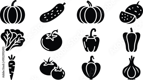 Black and white vegetable icon set with pumpkin cucumber tomato pepper carrot onion and leafy greens silhouettes