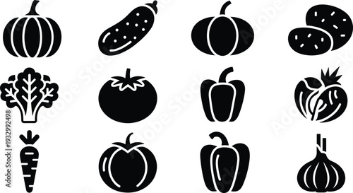 Black and white vegetable silhouette icon set with pumpkin cucumber tomato pepper carrot garlic and leafy greens