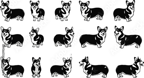 Corgi dog silhouette collection, cute Welsh Corgi poses set, black and white cartoon puppy vector illustration isolated background