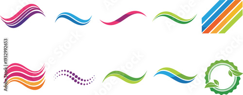 Abstract wave logo and modern branding set featuring colorful fluid lines, eco-friendly green leaf emblems, dynamic motion curves, and geometric corporate identity symbols.