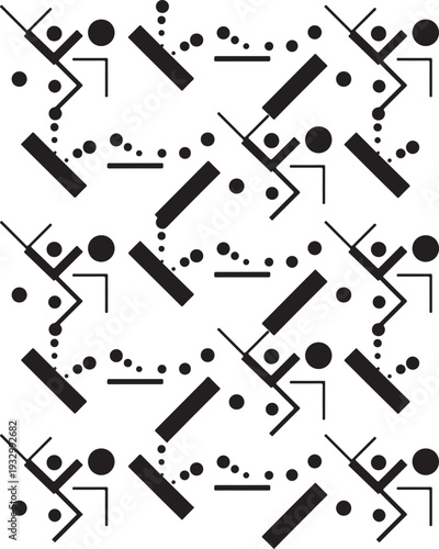 Seamless vector pattern design featuring a black and white silhouette set of music icons instruments and metal tool screw objects with arrow shapes for a textured wallpaper illustration