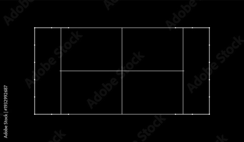 Padel Court Schematic Diagram with Lines on Black Background. 