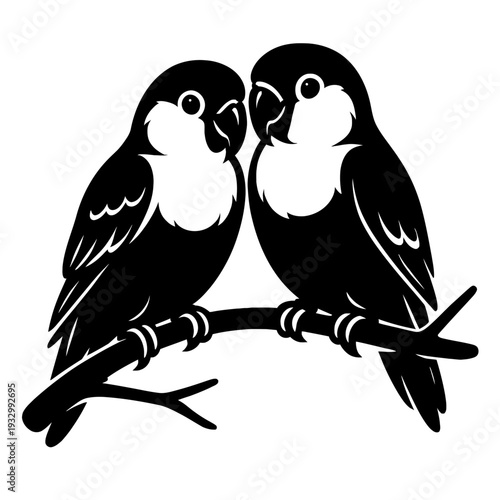 Elegant vector silhouette of two black and white lovebirds perched on a branch, facing each other. Minimalist design symbolizes deep affection, partnership, natural unity. Ideal for romantic, wildlife