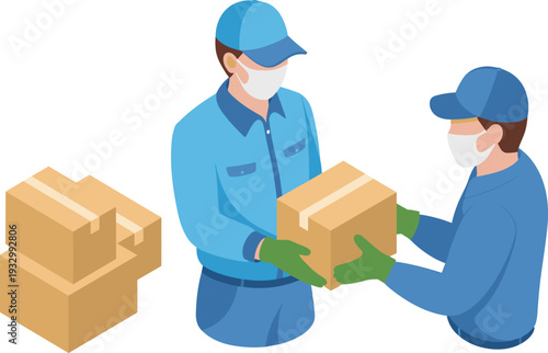 Contactless parcel delivery concept, courier handing cardboard box to customer wearing face mask and gloves, safe shipping illustration