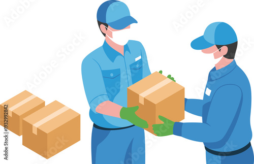 Contactless parcel delivery service, courier handing cardboard box to customer wearing face mask and gloves, safe logistics illustration