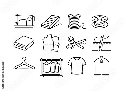 Collection of sewing and tailoring icons, representing the craft of garment creation and repair