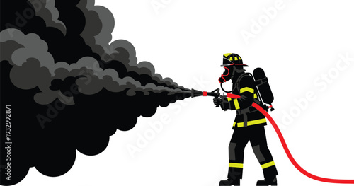 Firefighter in black gear extinguishes thick black smoke with a red hose against a stark white background.