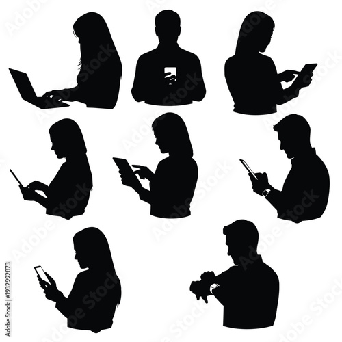 Silhouettes people using technology devices like phones laptops tablets isolated