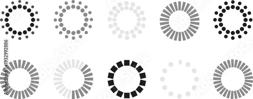 Collection of circular progress loaders and loading buffer icons in various styles including dotted, dashed, and segmented designs for web interface and mobile application UI design.