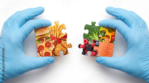 Hands in blue gloves holding puzzle pieces of healthy and unhealthy food  