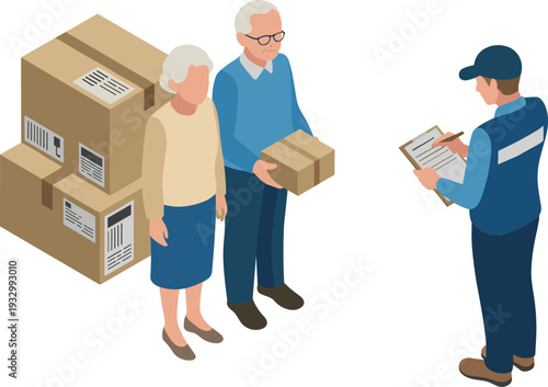 Courier confirming parcel delivery with senior couple, flat isometric vector illustration of home shipping and logistics service