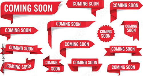 Collection of red 3d realistic coming soon ribbons and banners set with various shapes and folds for website launch announcement and promotional marketing teaser isolated on white.