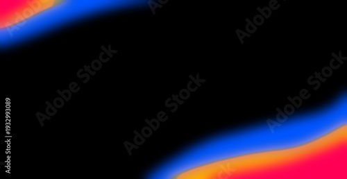 Red, blue, and orange curved abstract gradients intertwine dynamically. Isolated on deep black background. Perfect for banners and posters.