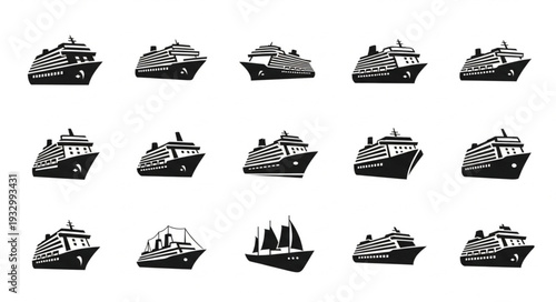 Collection of various cruise ships and sailing vessels in black and white.