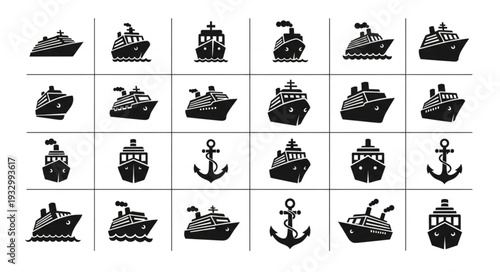 Collection of various ship and boat illustrations in black and white style.