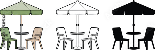 Cafe chairs with umbrella silhouette & Outline and illustration set isolated on transparent background