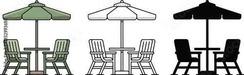 Cafe chairs with umbrella silhouette & Outline and illustration set isolated on transparent background
