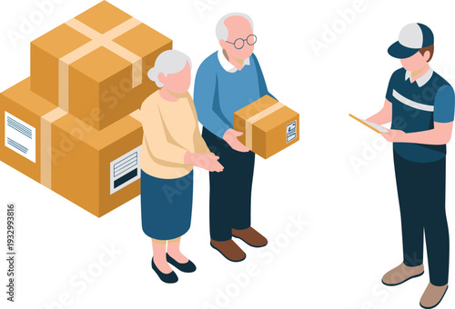 Delivery courier verifying package shipment with senior couple, flat isometric vector illustration of home logistics and parcel service