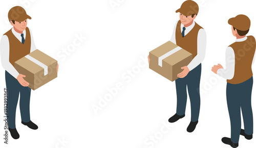 Delivery man holding cardboard box package, flat isometric vector illustration of courier service worker isolated on white background