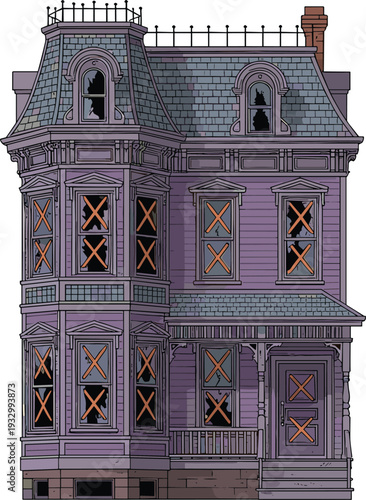 Spooky purple haunted victorian house with boarded windows, broken glass, creepy abandoned mansion illustration, eerie dark aesthetic for halloween design