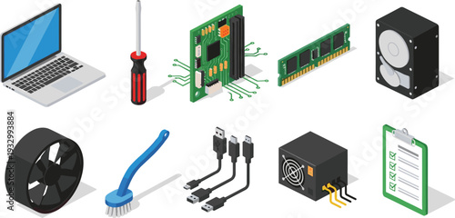 Isometric computer hardware and laptop repair service elements with motherboard ram hard drive power supply cooling fan tools and technical checklist isolated vector illustration